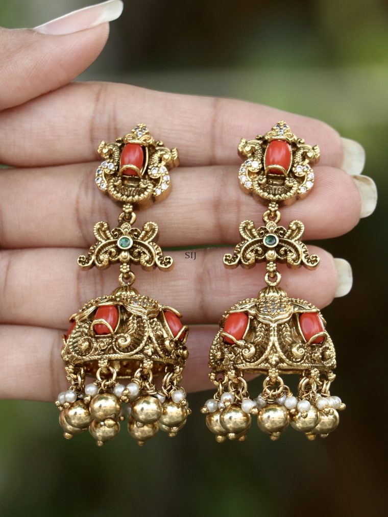 Coral Bead Studded Gold Finish Beads Drops Jhumkas