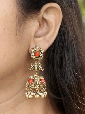 Coral Bead Studded Gold Finish Beads Drops Jhumkas