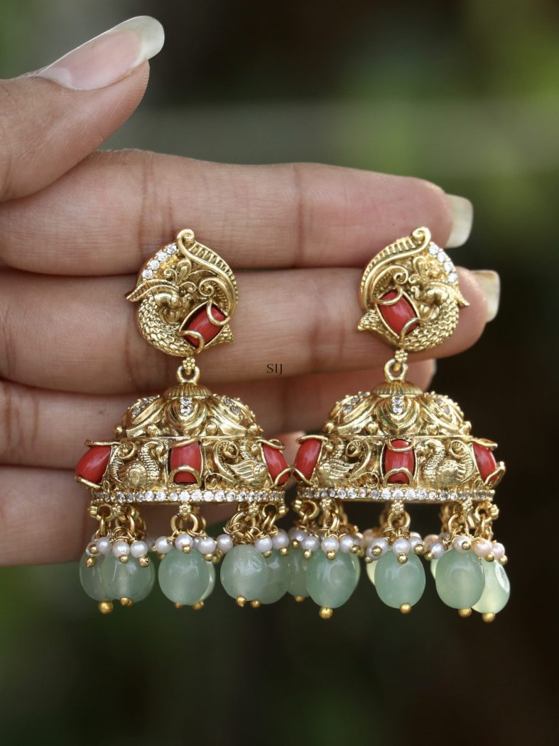 Coral Bead Studded Peacock Design Jhumkas