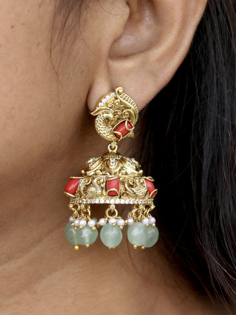 Coral Bead Studded Peacock Design Jhumkas