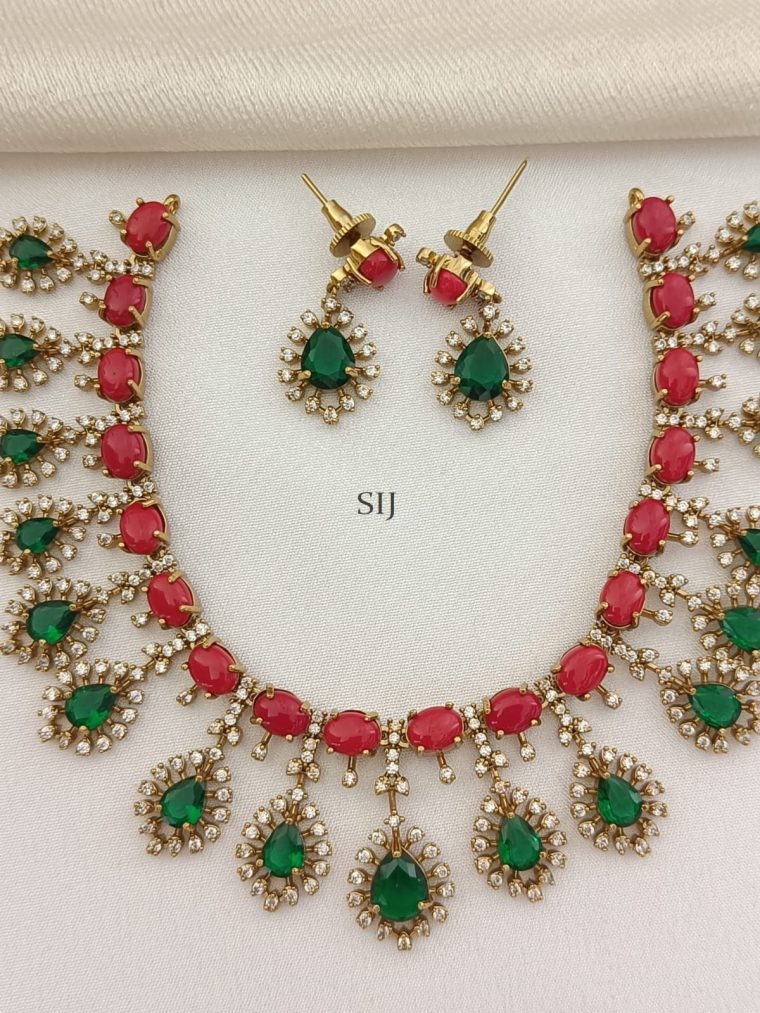 Coral Beaded Studded Green &White Stones Necklace