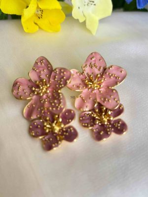 Double Flower Earrings With Gold Finish Dots