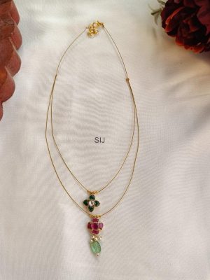 Dual Line Pink & Green Jadau Stone Invisible Necklace