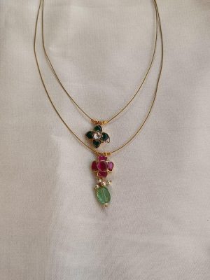 Dual Line Pink & Green Jadau Stone Invisible Necklace