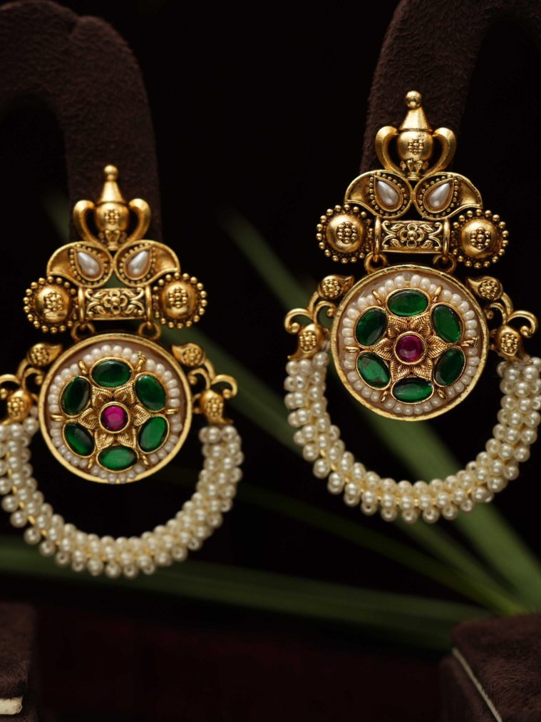 Antique Chand Bali Pearl Earrings with Green Kemp Stones