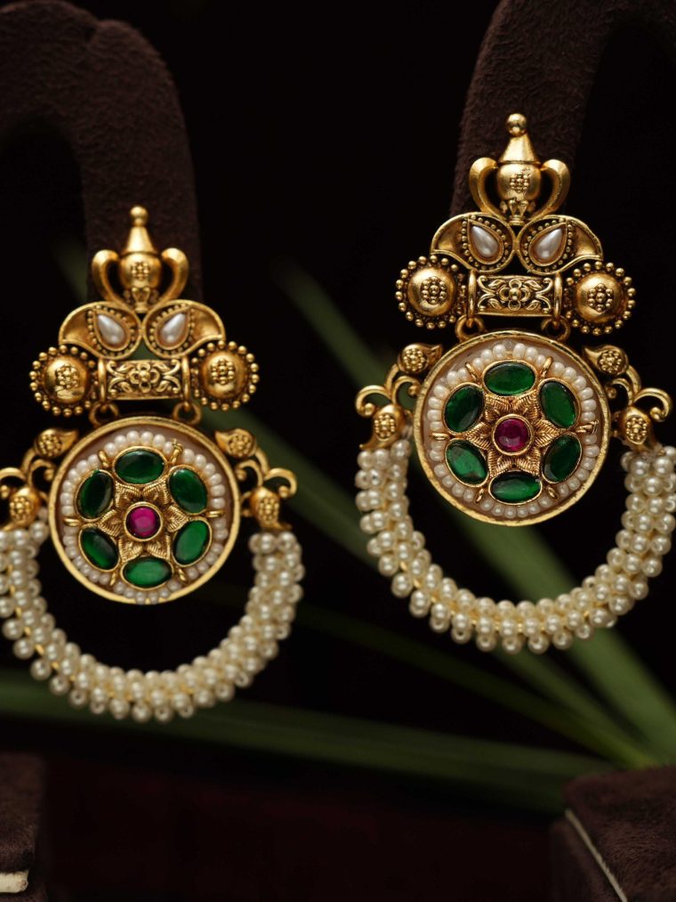 Antique Chand Bali Pearl Earrings with Green Kemp Stones