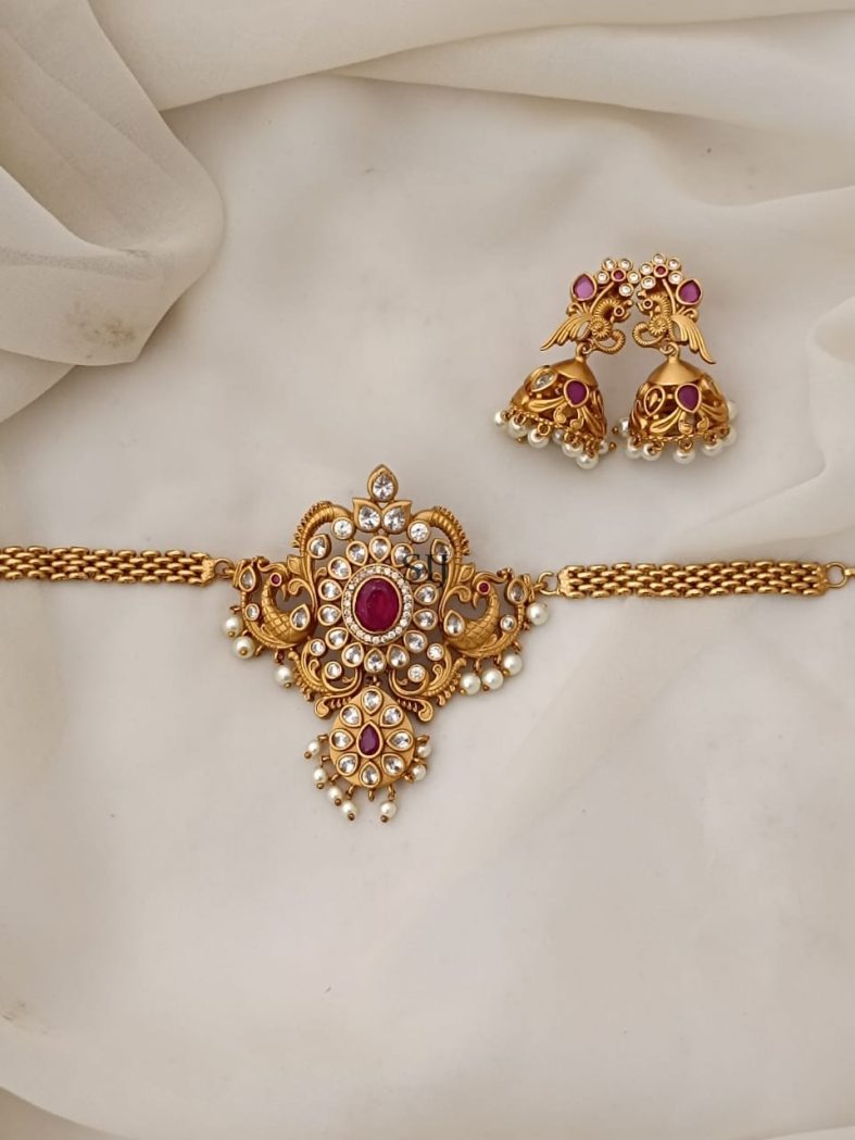 Dual Peacock Design Ruby Stone Choker