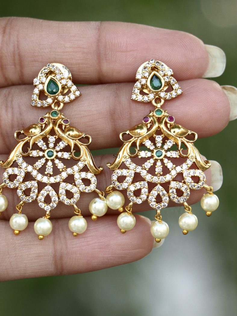 Dual Peacock Design White Stones Earrings