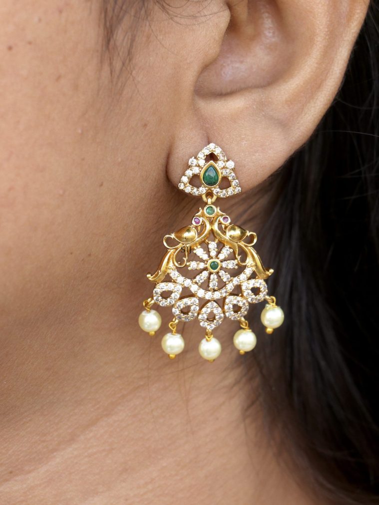 Dual Peacock Design White Stones Earrings