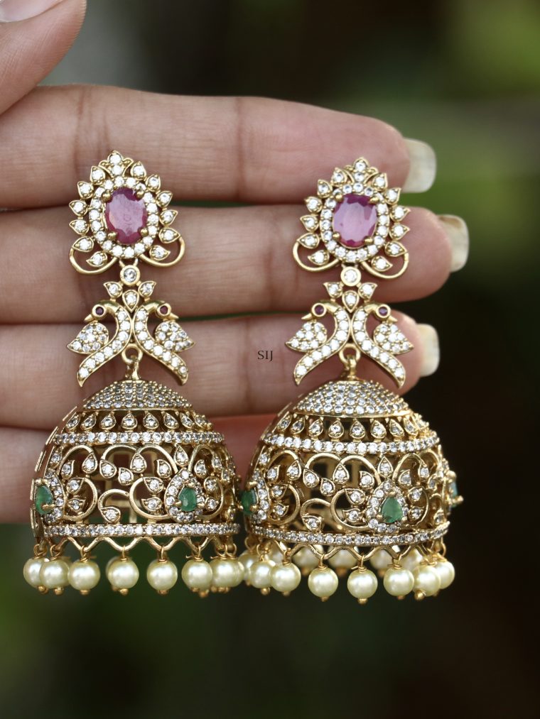 Dual Peacock Design White Stones Jhumkas