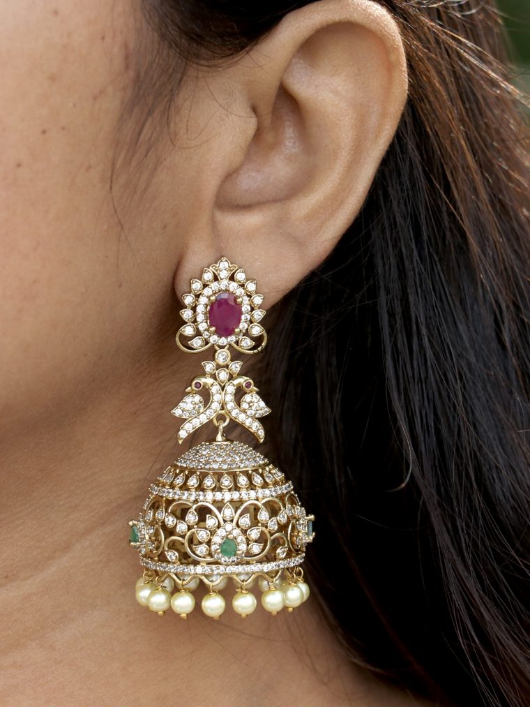 Dual Peacock Design White Stones Jhumkas