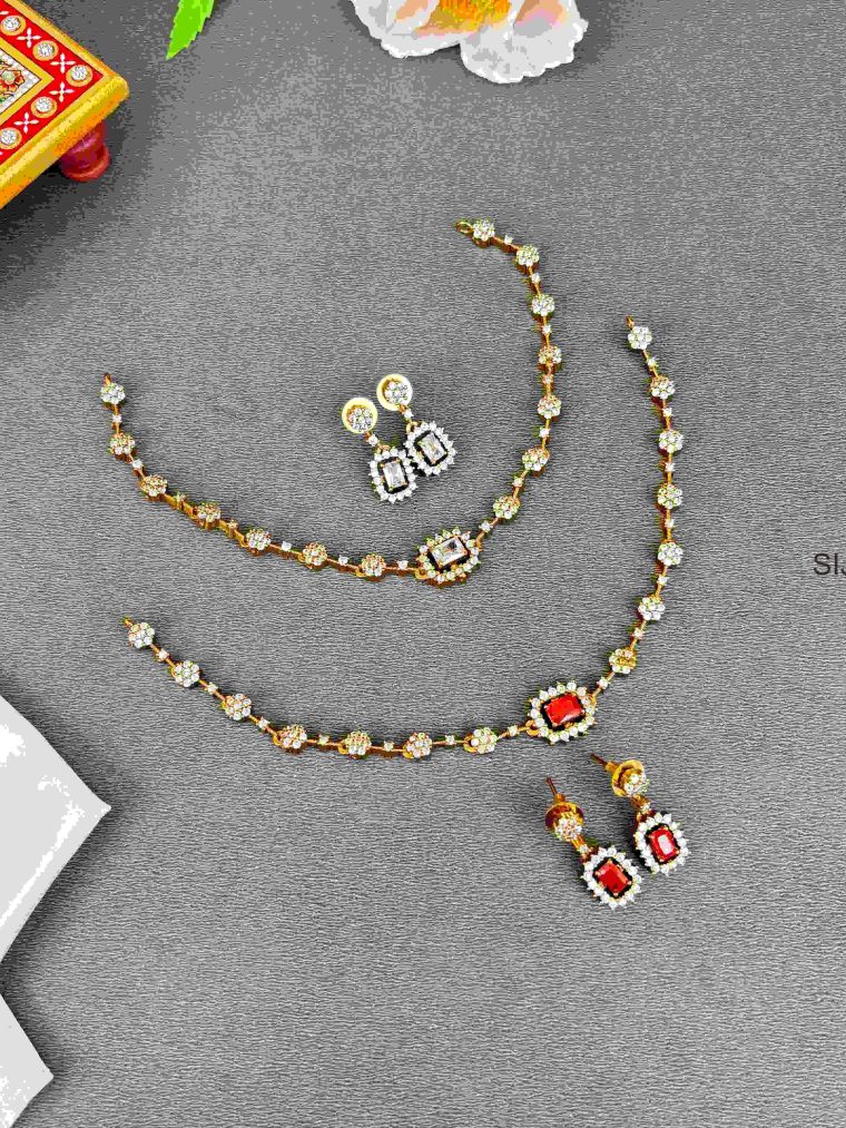 Flower Design Square Red & White Stone Necklace Set