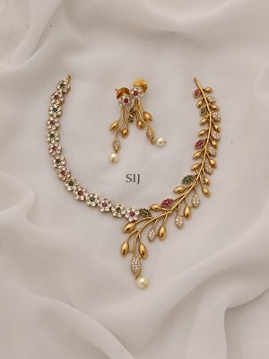 Flower& Leaf Design Multicolor Stone Necklace