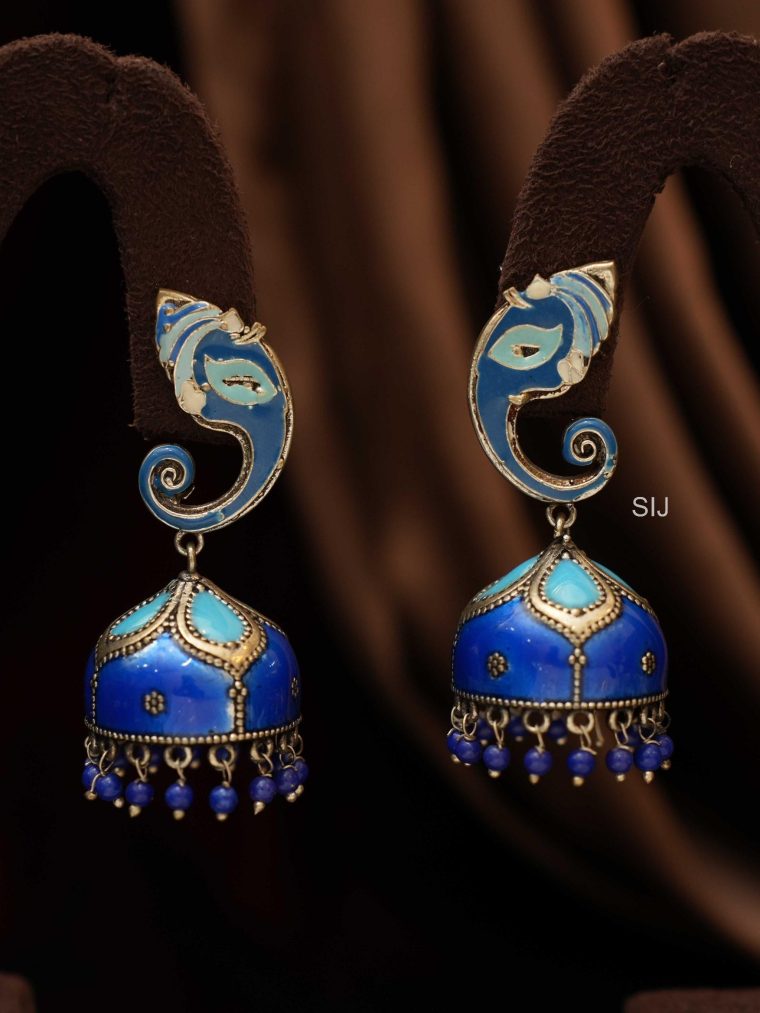 Ganesha Motif Blue Oxidised Earrings