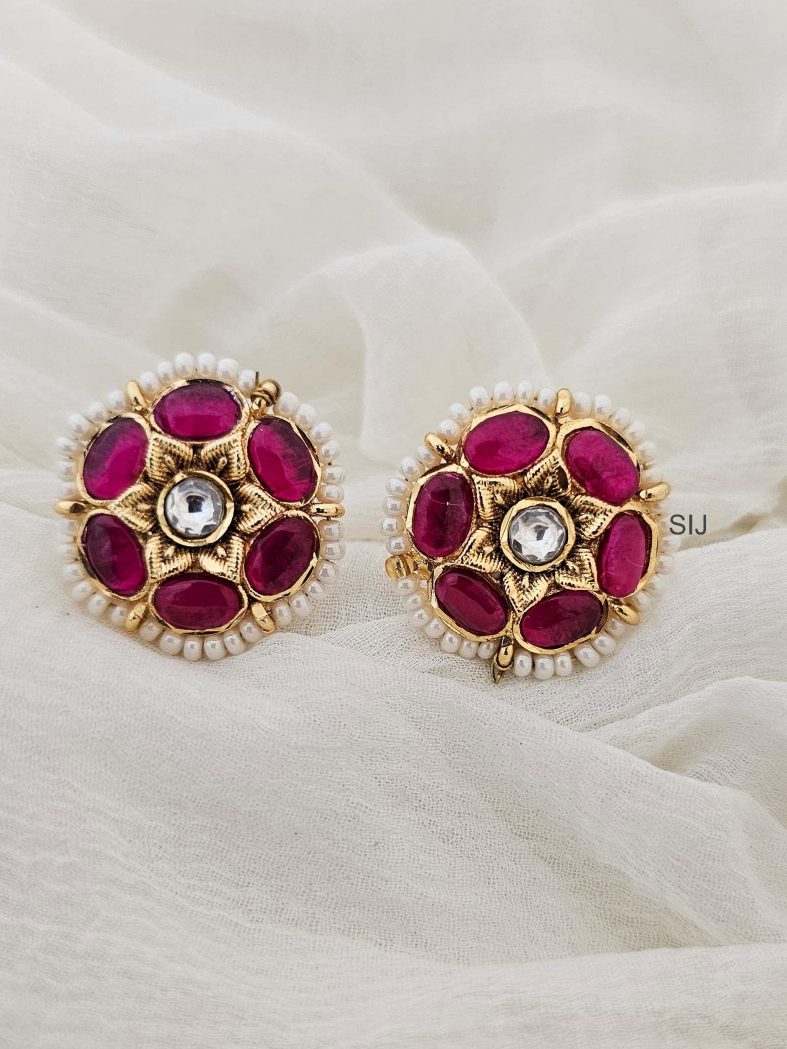 Gold Finish Floral Kemp & CZ Stone Earrings