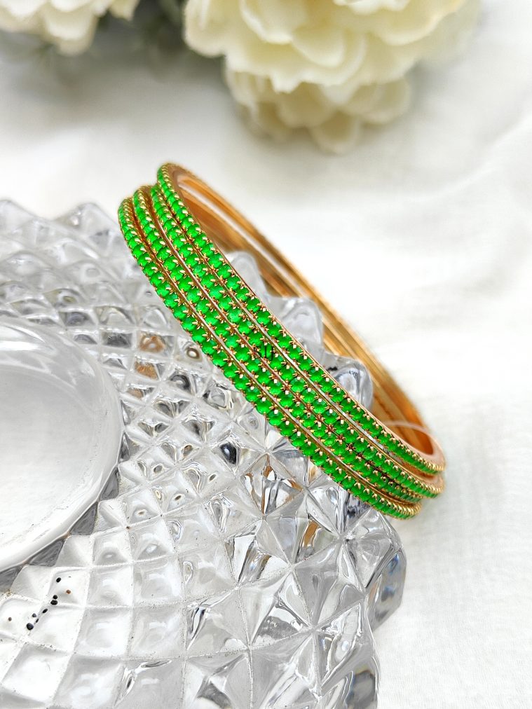 Gold Finish Green Color Stones Bangles