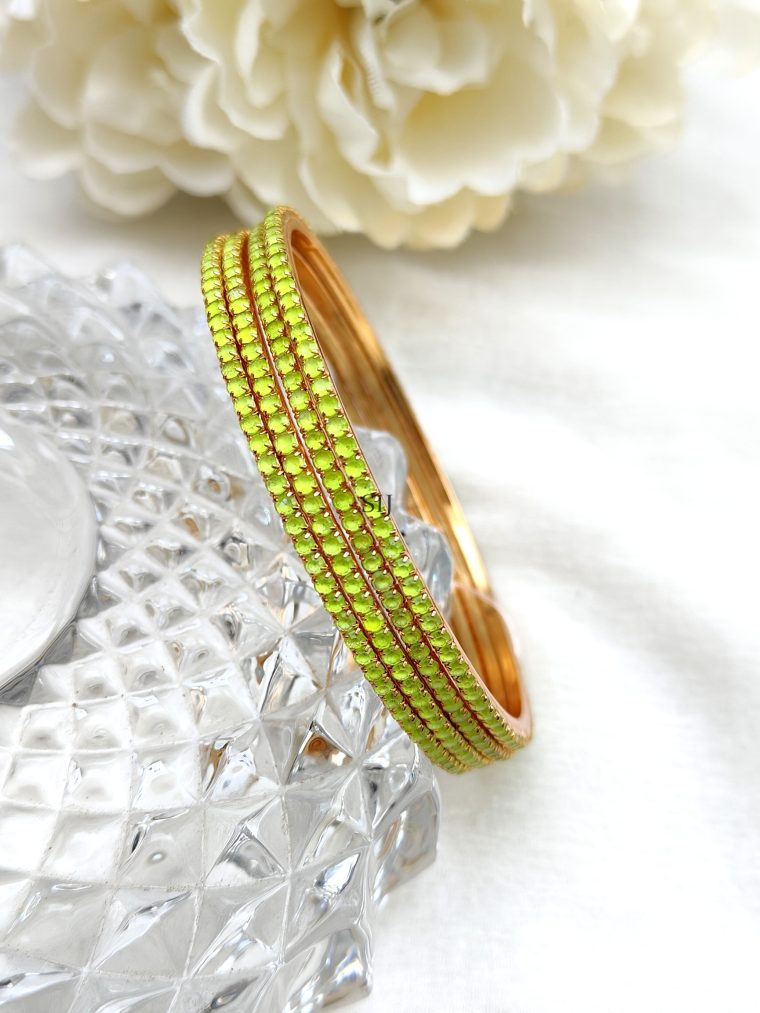 Gold Finish Green Color Stones Bangles