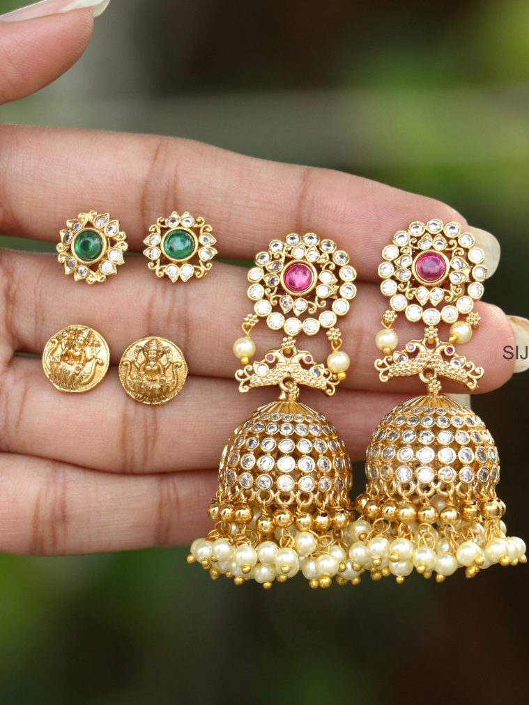 Gold Finish Interchangeable AD Stones & Pearls Jhumkas