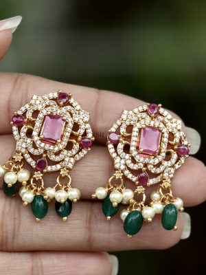 Gold Finish Pink& Green Stone Omkara Ear Studs