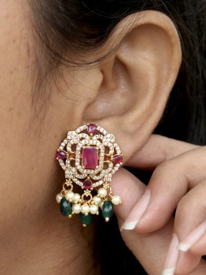 Gold Finish Pink& Green Stone Omkara Ear Studs