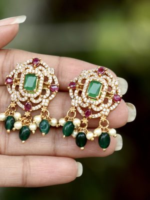 Gold Finish Pink& Green Stone Omkara Ear Studs