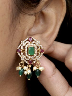 Gold Finish Pink& Green Stone Omkara Ear Studs