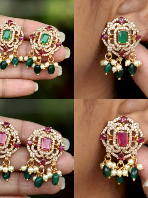 Gold Finish Pink& Green Stone Omkara Ear Studs