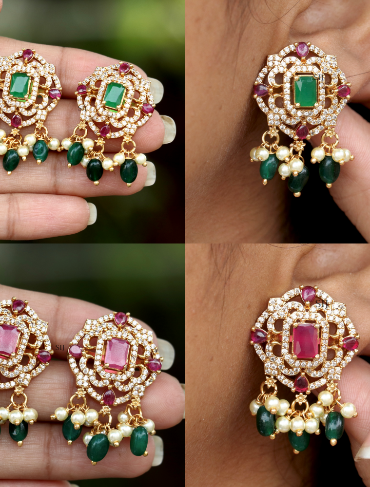 Gold Finish Pink& Green Stone Omkara Ear Studs