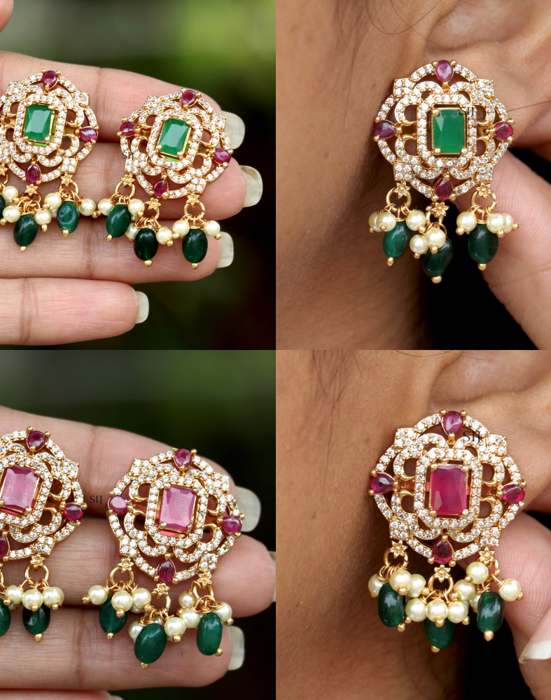 Gold Finish Pink& Green Stone Omkara Ear Studs