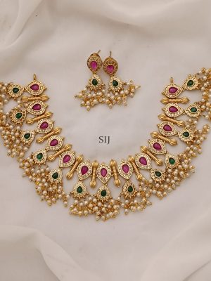 Gold Finish Pink& Green Stones Guttapusalu Necklace