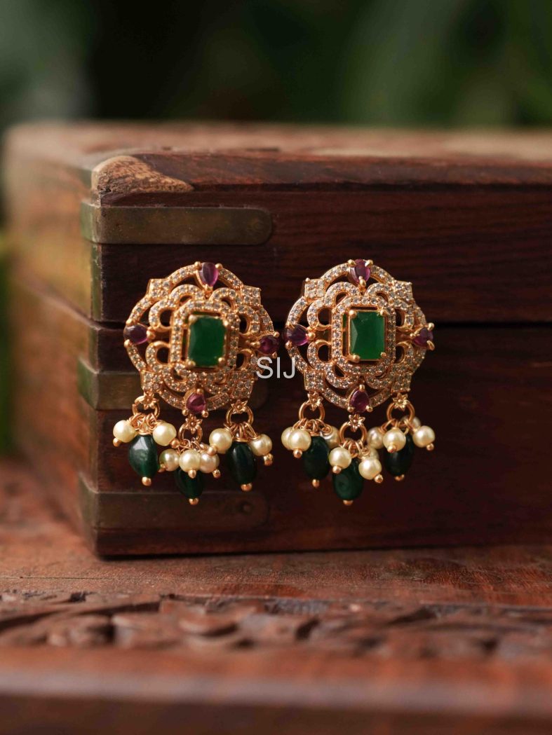 Gold Plated AD Stone Earrings with Pearl Hangings