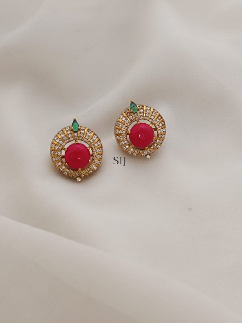 Gold Plated Coral &White Stones Earrings