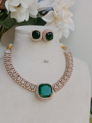 Gold Plated Green Pendant AD Victorian Necklace Set