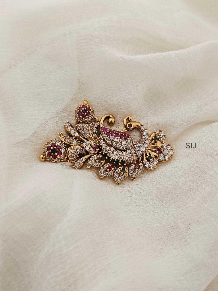 Gold Plated Peacock CZ Stones Saree Pin