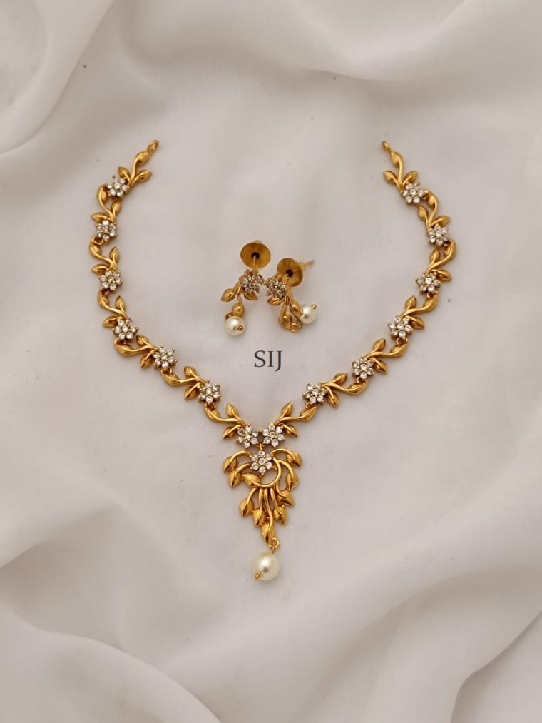 Gold Plated Pearl Drop White Stone Necklace