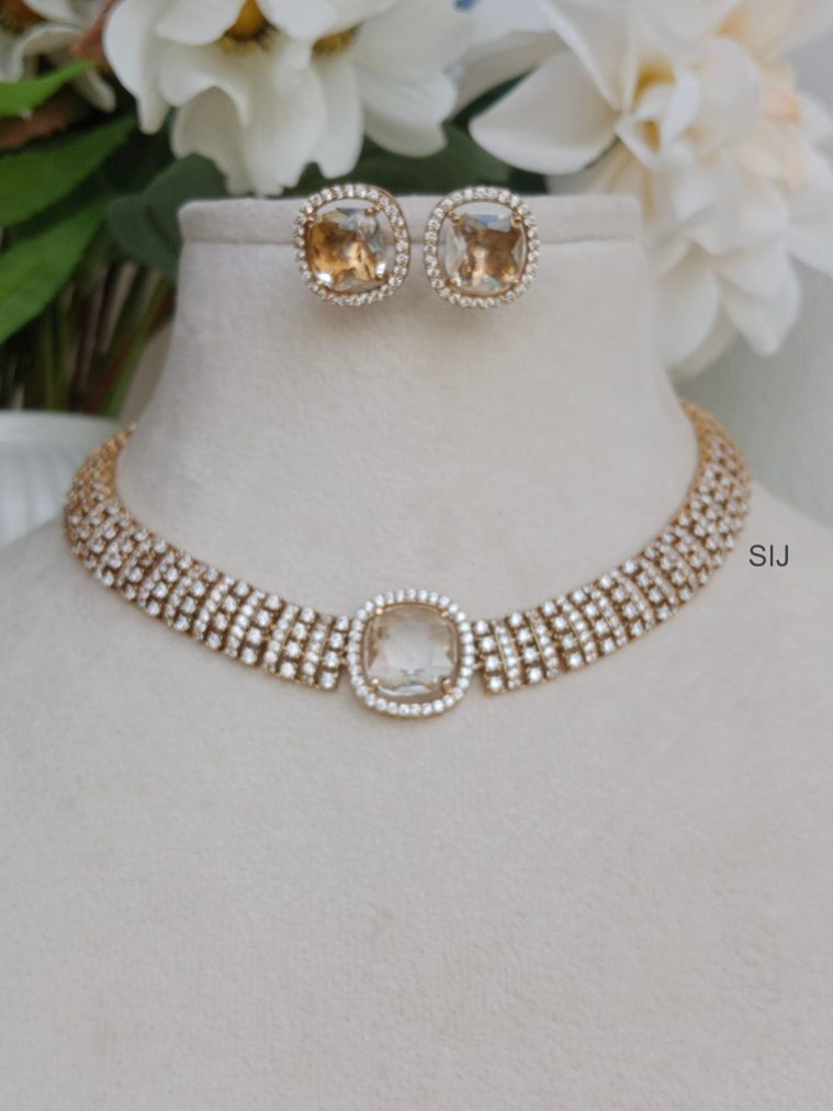 Gold Plated White Stone Victorian Necklace Set-01