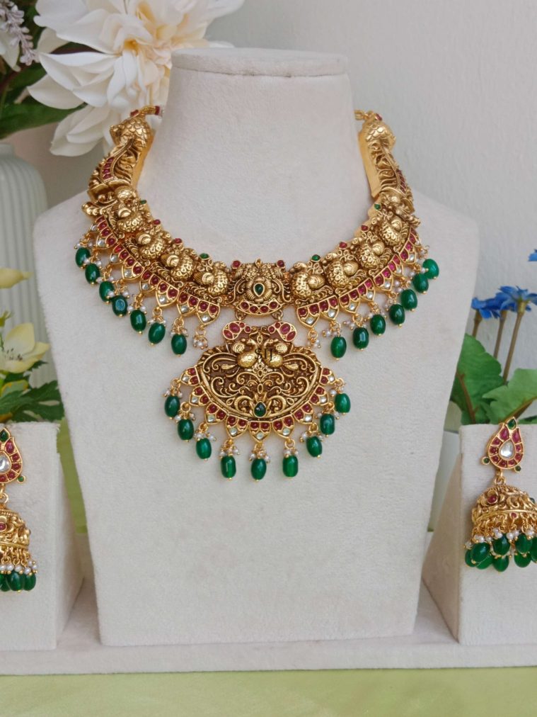 Green Beaded Drops Bridal Peacock Design Necklace