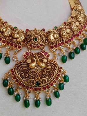 Green Beaded Drops Bridal Peacock Design Necklace