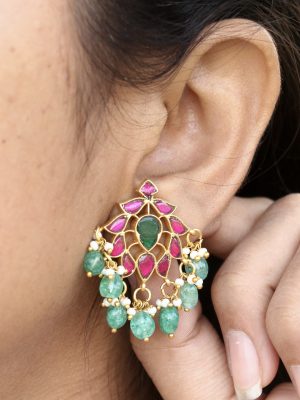 Green Beaded Jadau Kundan Earrings