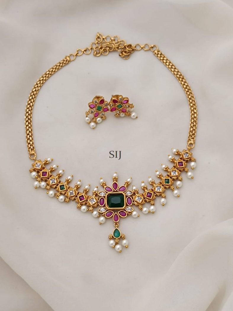 Green& Pink Stones Studded Pearl Necklace