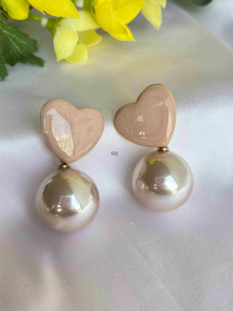 Heart Design Big Pearl Drop Earrings