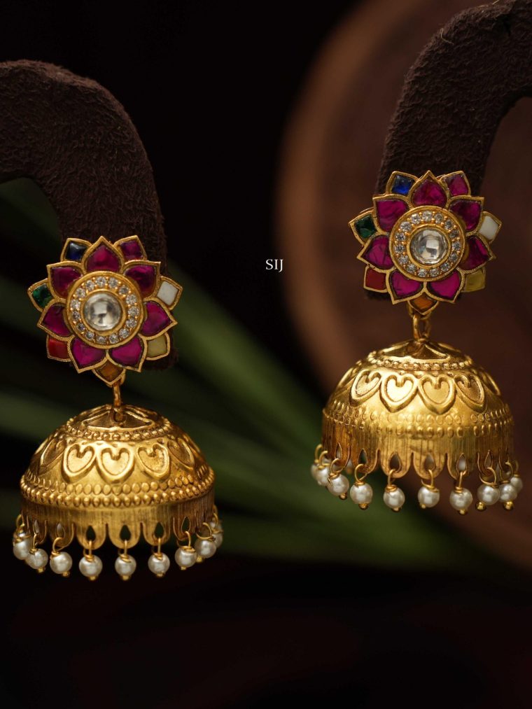 Gold Finish Floral Design Jhumka Earrings with Pearl Hangings