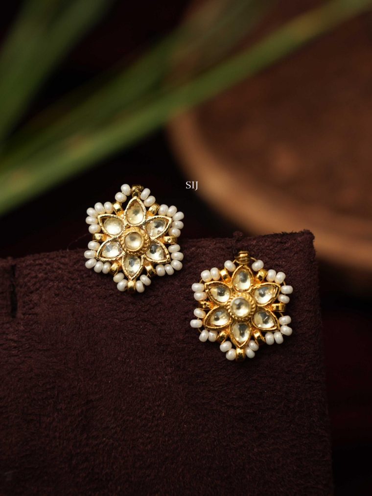 Imitation Polki Stones Floral Design Ear Studs with Pearls