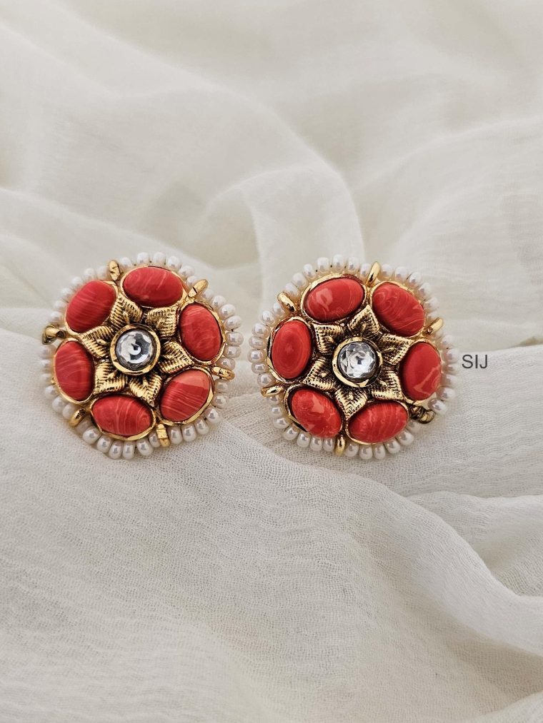 Imitation Coral & CZ Stone Earrings