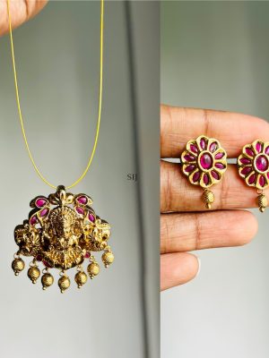 Imitation Ruby Pink 3D Carved Lakshmi Devi Invisible Set