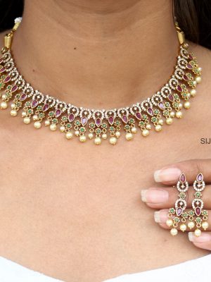 Matte Finish AD Stones & Pearl Drop Necklace Set