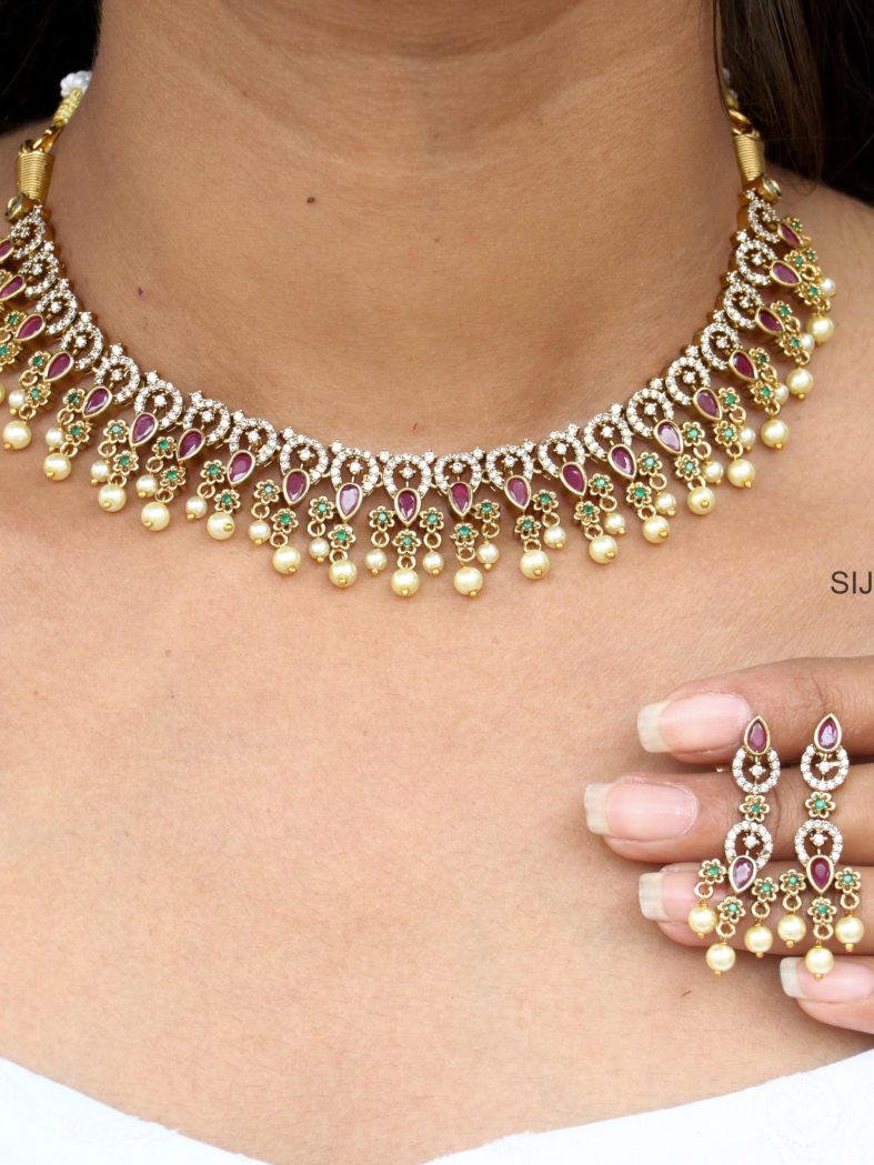 Matte Finish AD Stones & Pearl Drop Necklace Set