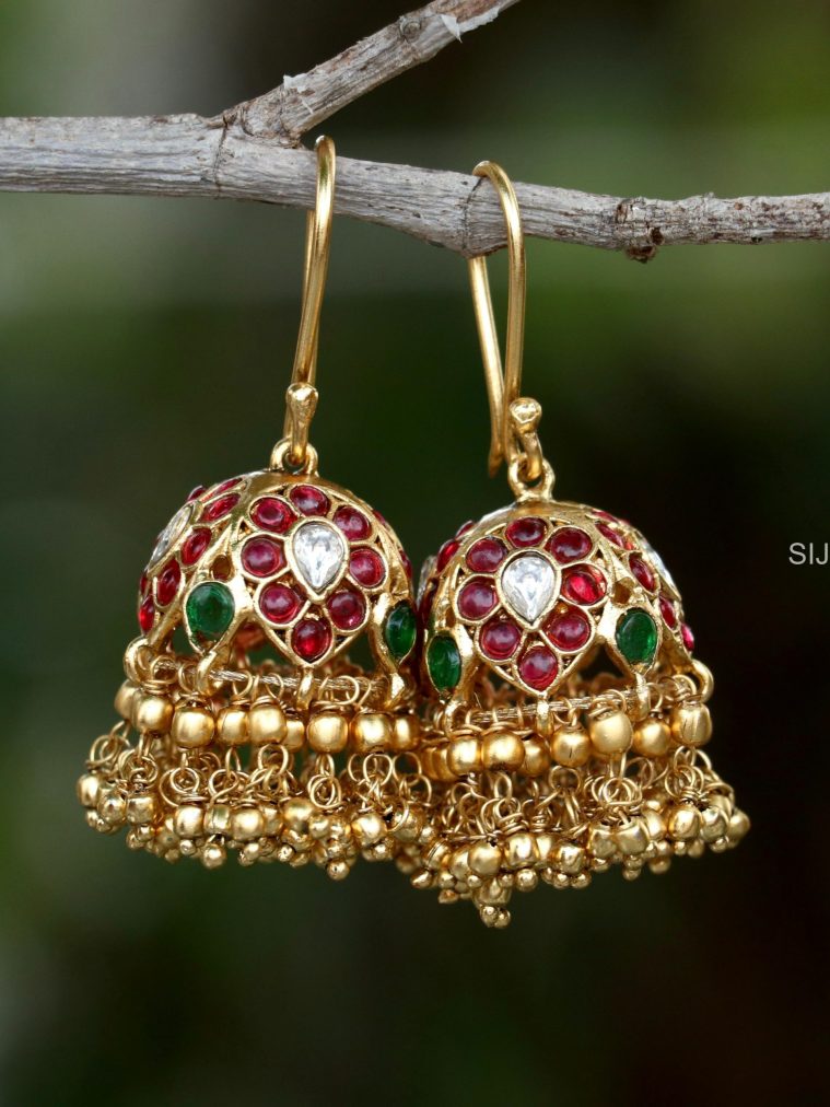 Matte Finish Kemp & Gold Pearls Hook Jhumkas