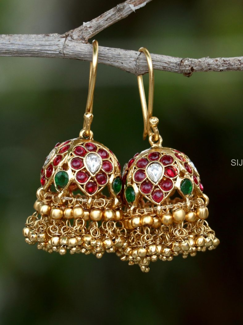 Matte Finish Kemp & Gold Pearls Hook Jhumkas