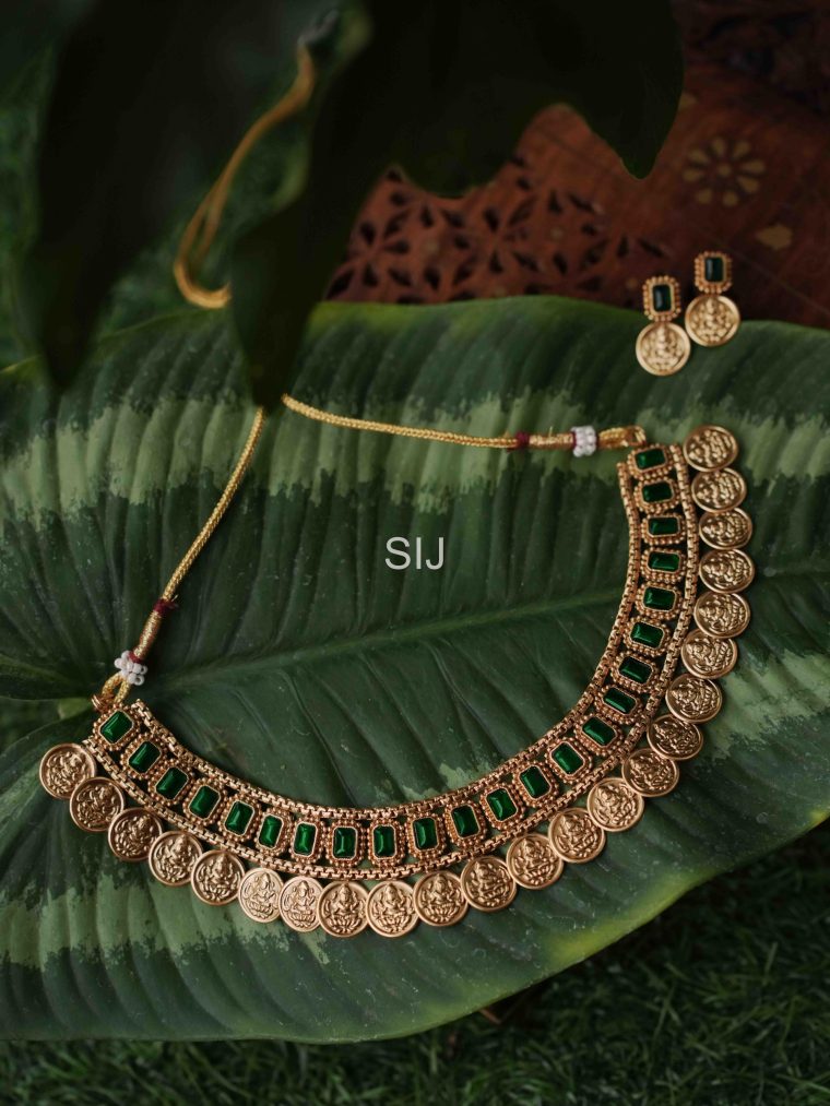 Traditional Lakshmi Coin Necklace with Emerald Stones